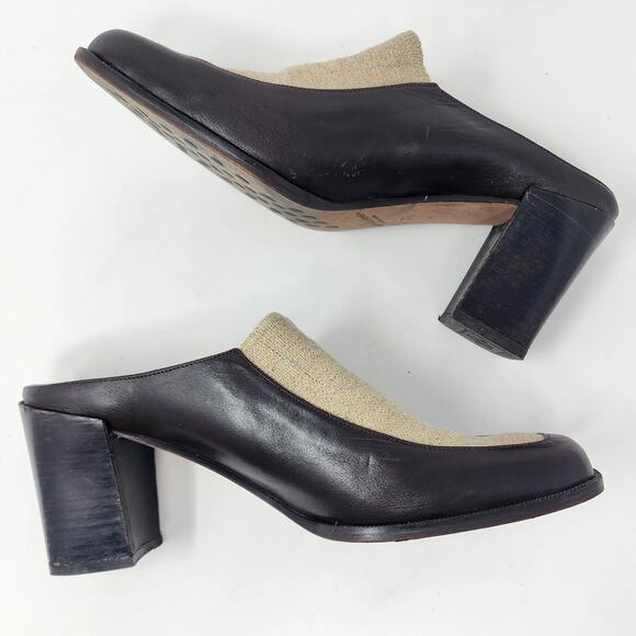 Donald J. Pliner Mules Women 7.5M ISA Brown Leather and Tan Fabric Block Heel - Picture 7 of 10